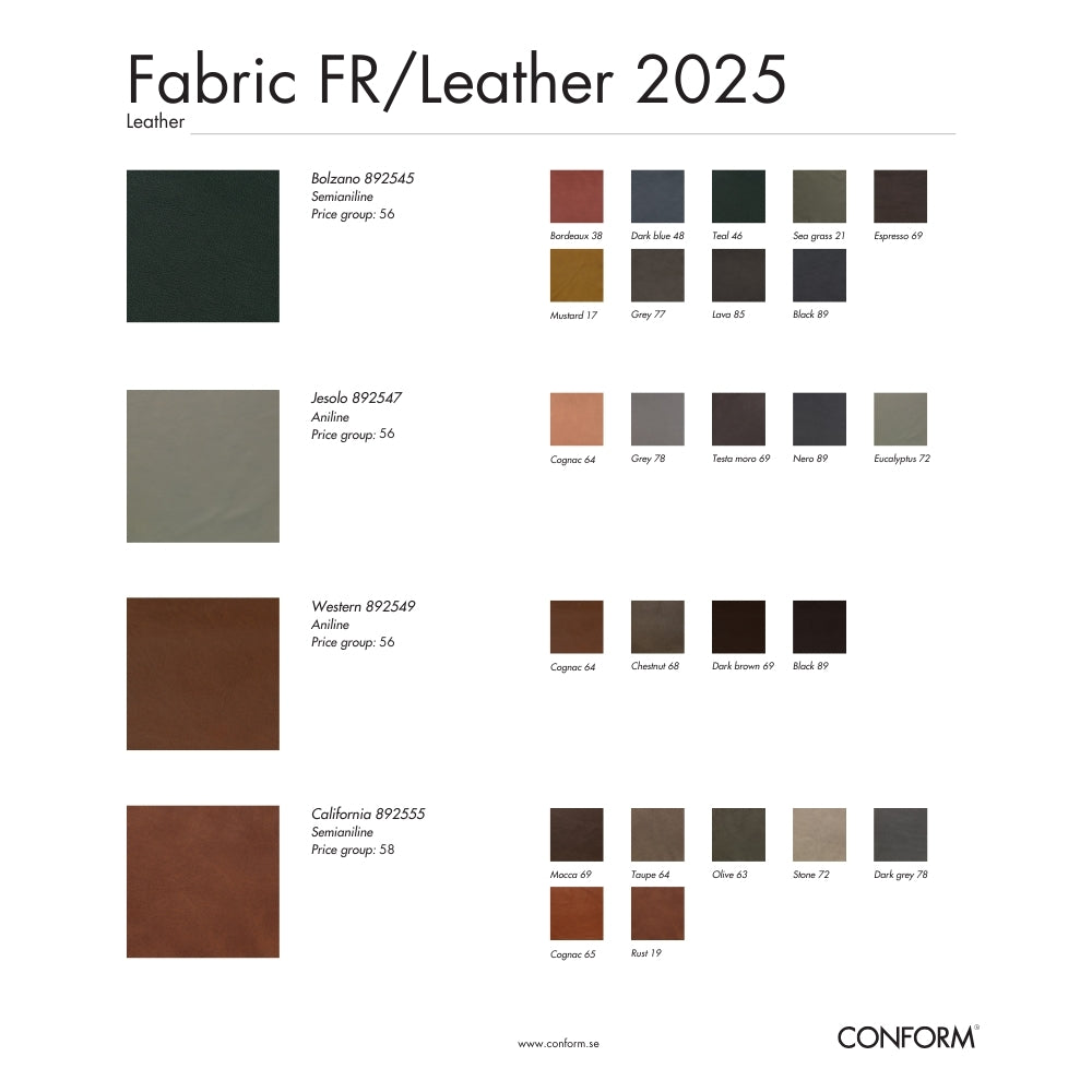 Color swatches for fabric and leather with brand 'Conform' at the bottom.
