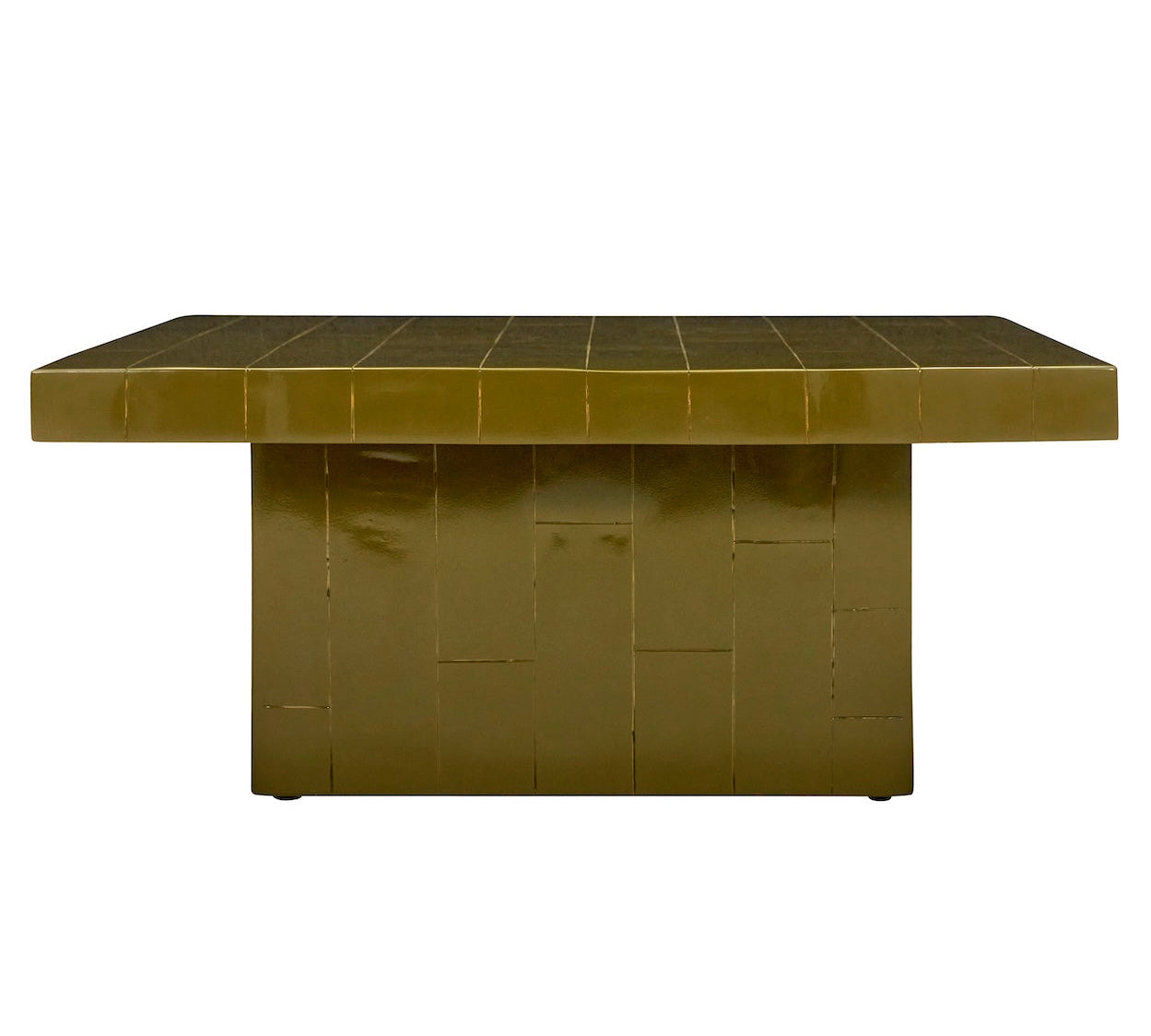 A square coffee table with a glossy olive green tiled surface and matching tiled pedestal base, shown against a plain white background.