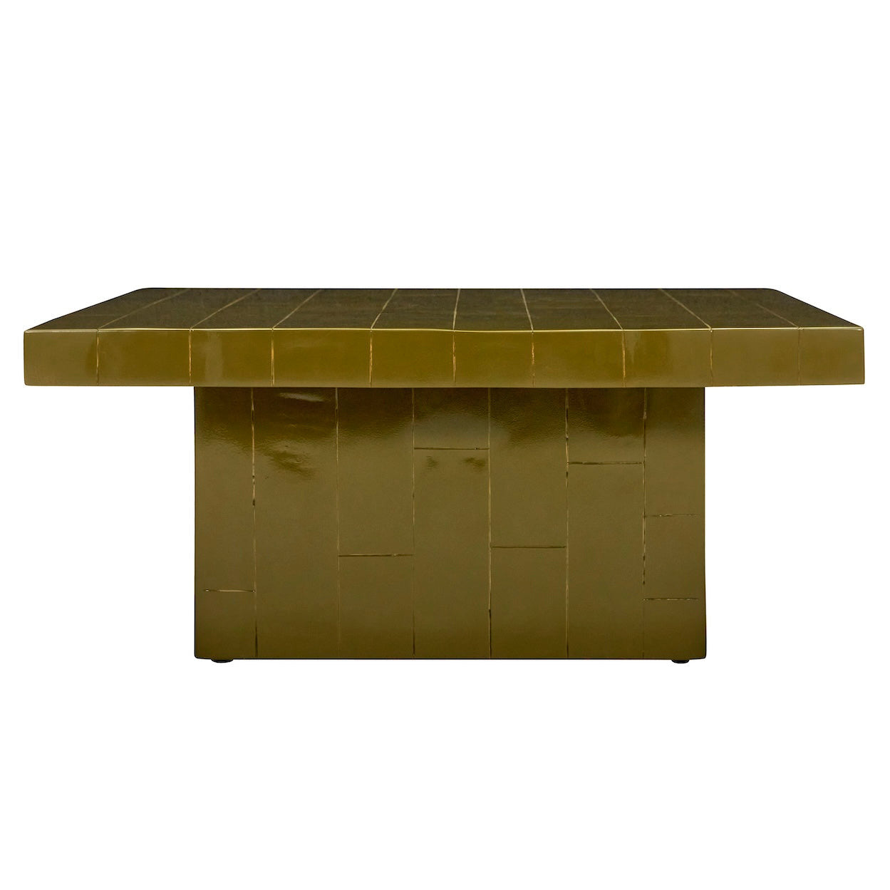 A square coffee table with a glossy olive green tiled surface and matching tiled pedestal base, shown against a plain white background.