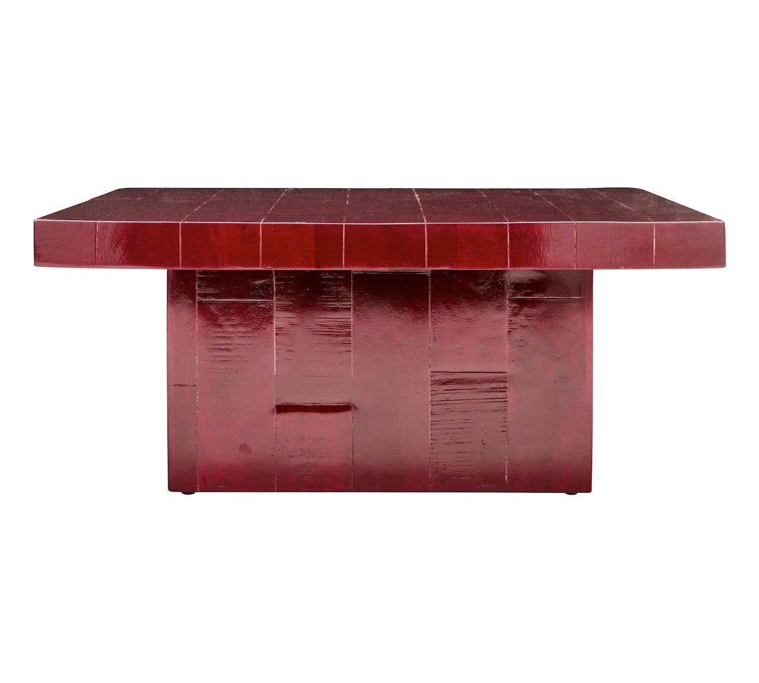 A glossy dark red square coffee table with a tiled top and a textured block base, shown against a plain white background.