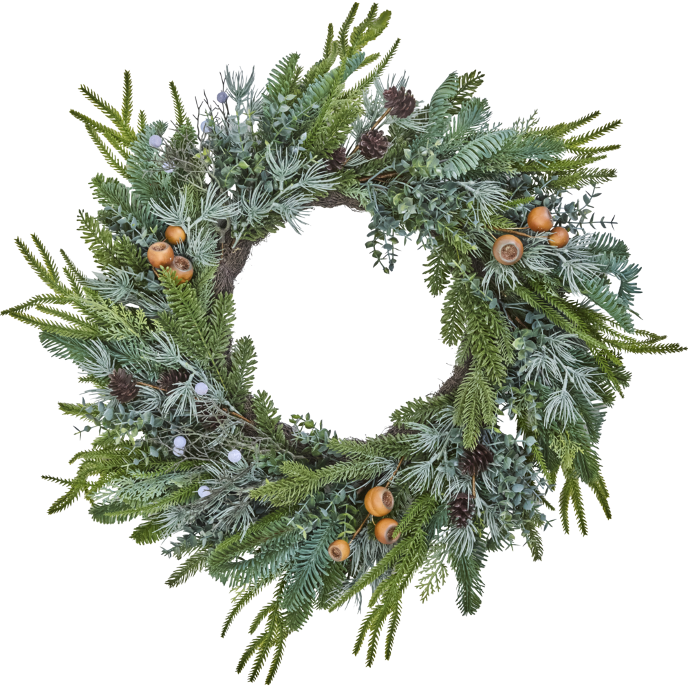 A festive artificial Christmas wreath featuring a mix of green pine and fir branches, dusty blue-green eucalyptus, small pinecones, and brown acorns, isolated on a solid white background.