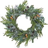 A festive artificial Christmas wreath featuring a mix of green pine and fir branches, dusty blue-green eucalyptus, small pinecones, and brown acorns, isolated on a solid white background.