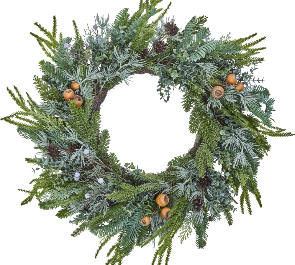 A festive artificial Christmas wreath featuring a mix of green pine and fir branches, dusty blue-green eucalyptus, small pinecones, and brown acorns, isolated on a solid white background.