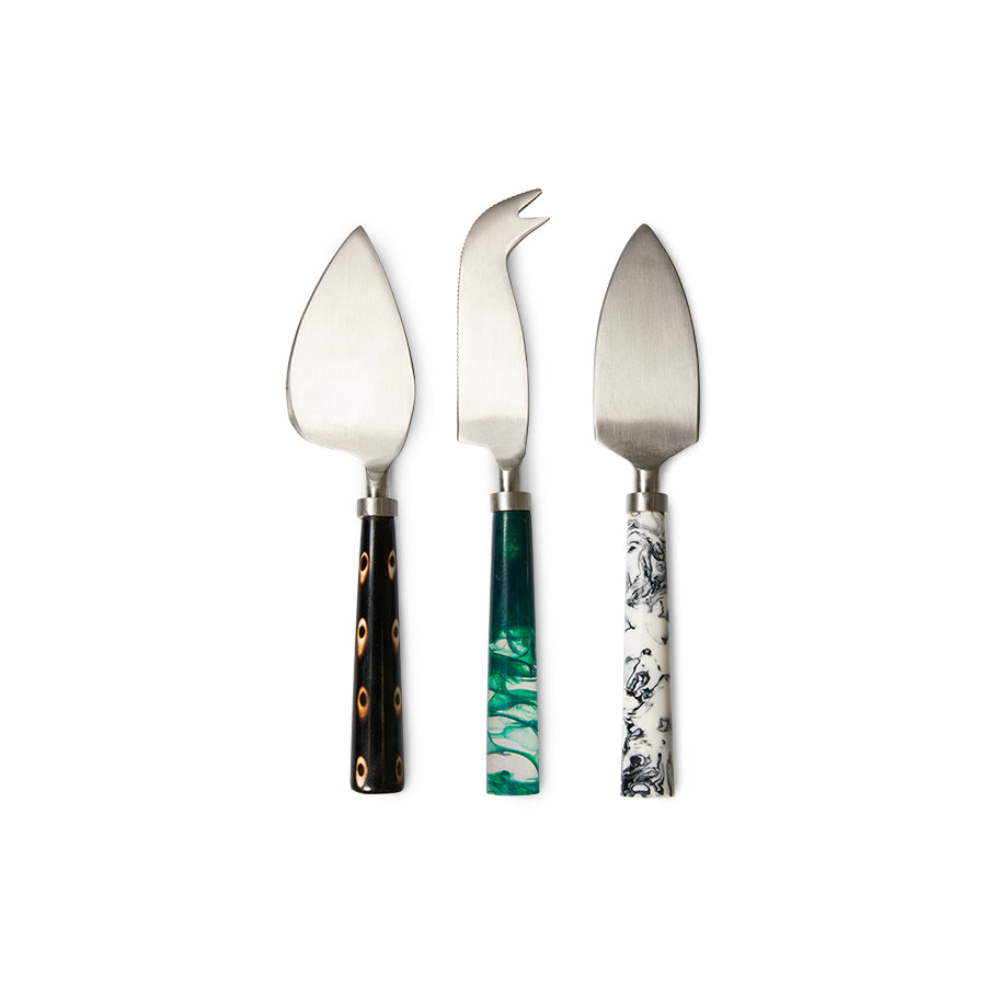 set of three cheese knives with resin handles 
