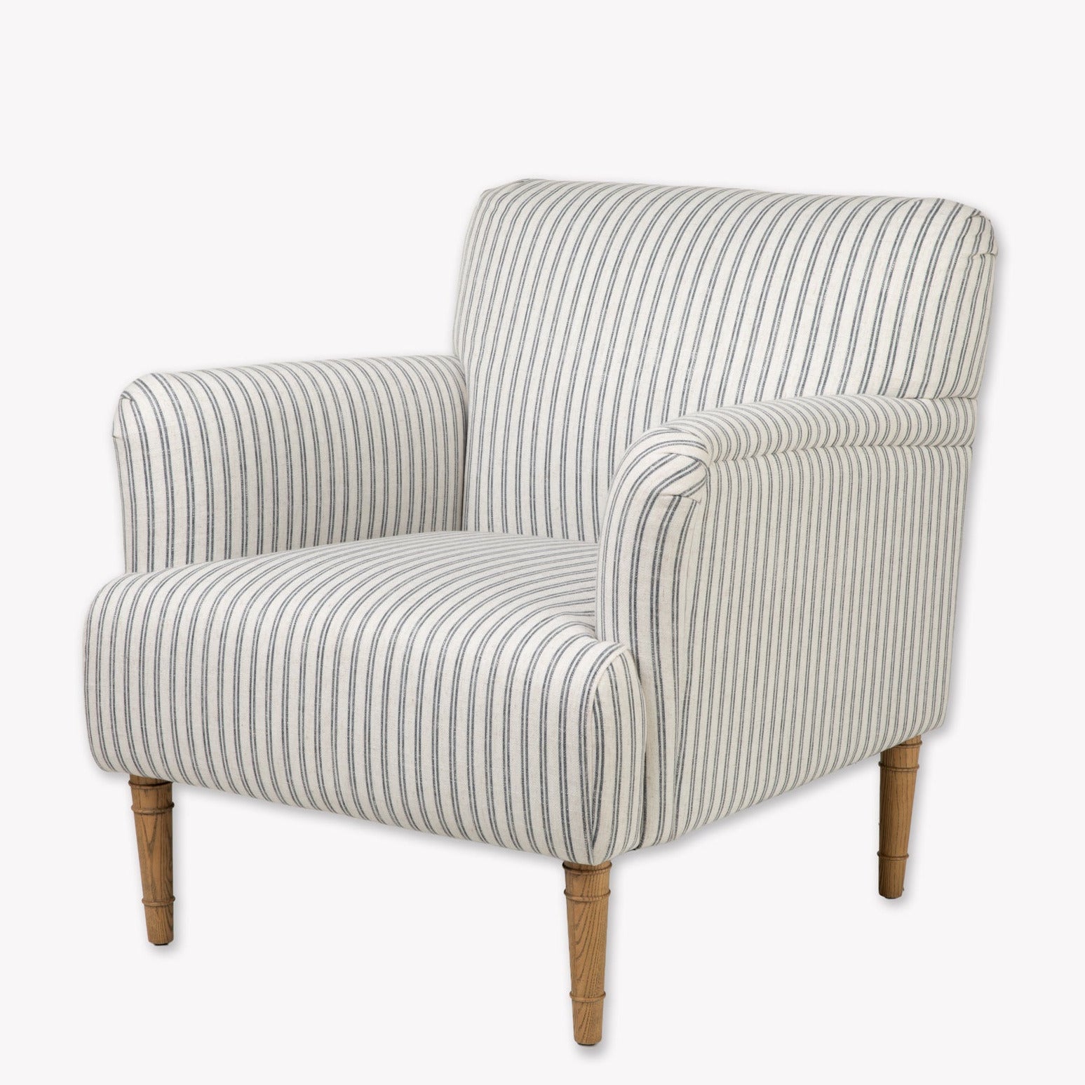 Striped armchair with wooden legs on a white background