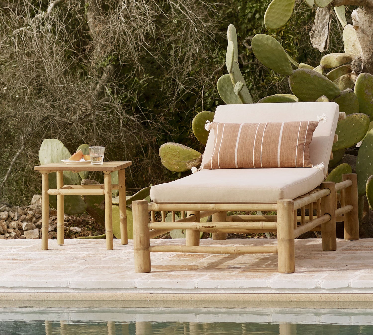 Outdoor furniture with cushions by a poolside, featuring cacti in the background.