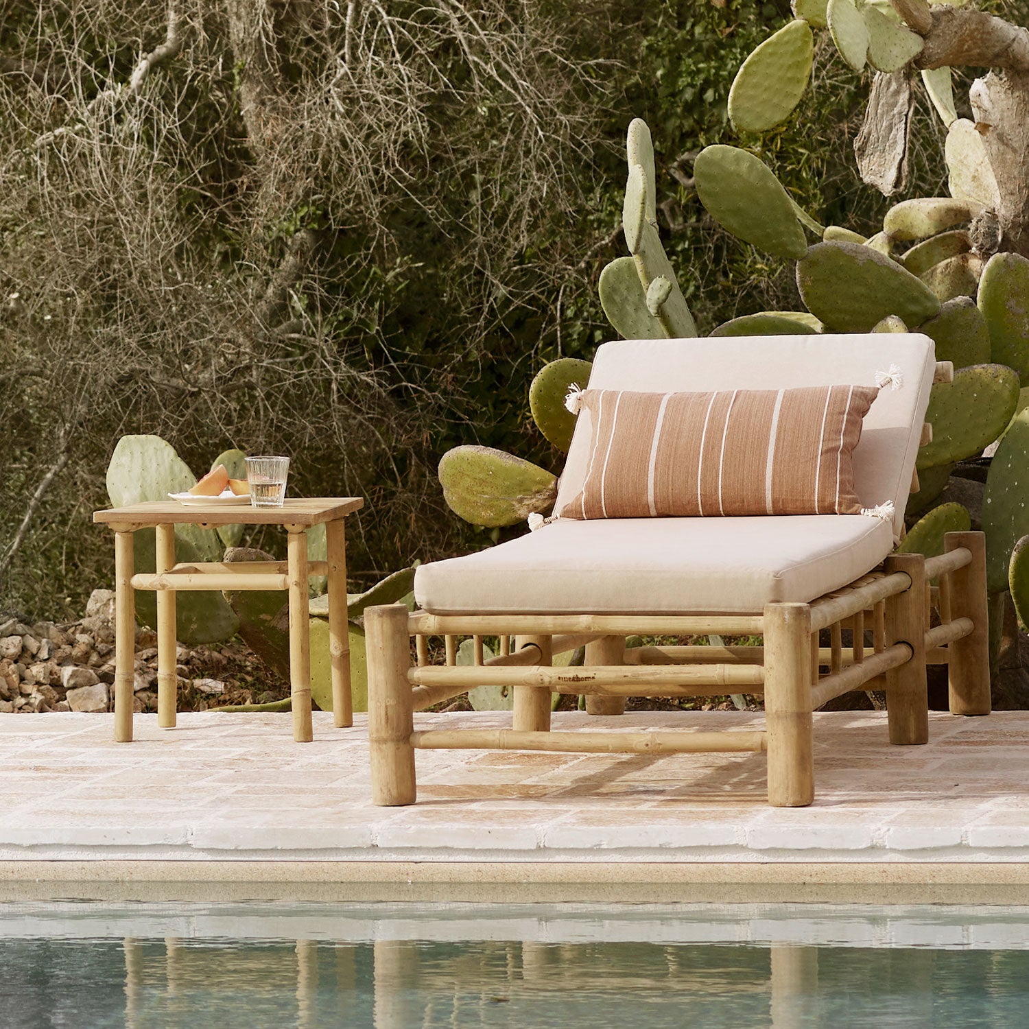 Outdoor furniture with cushions by a poolside, featuring cacti in the background.