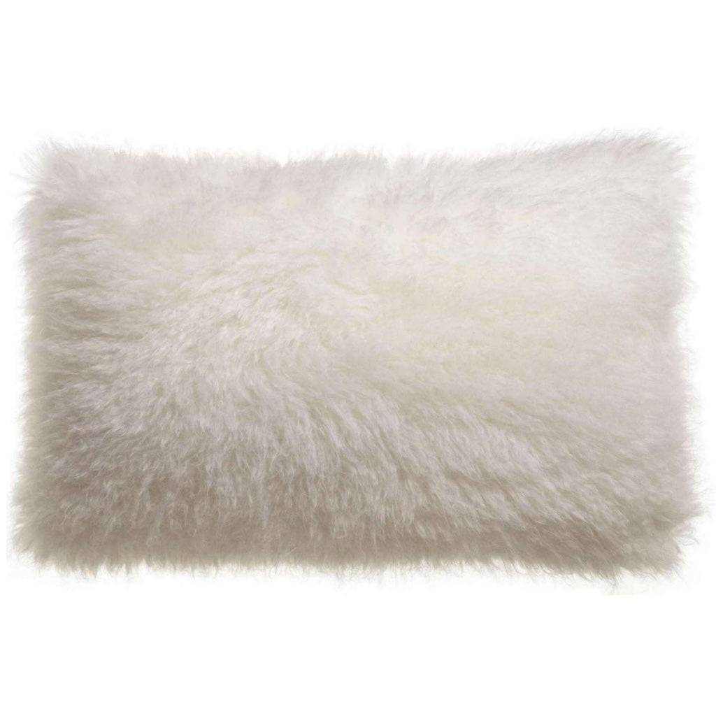 A rectangular fluffy faux fur cushion in off-white, shown against a plain white background.