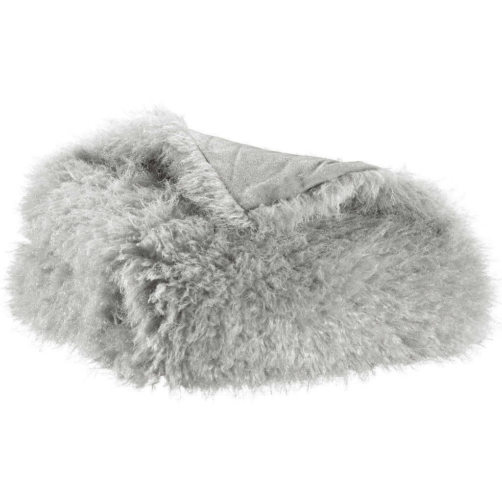 A light gray shaggy faux fur throw blanket with a smooth gray fabric underside, shown on a plain white background.