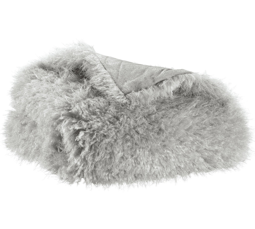 A light gray shaggy faux fur throw blanket with a smooth gray fabric underside, shown on a plain white background.