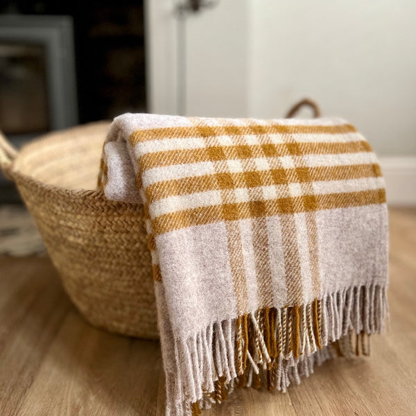 hex check wool throw in mustard by tweedmill