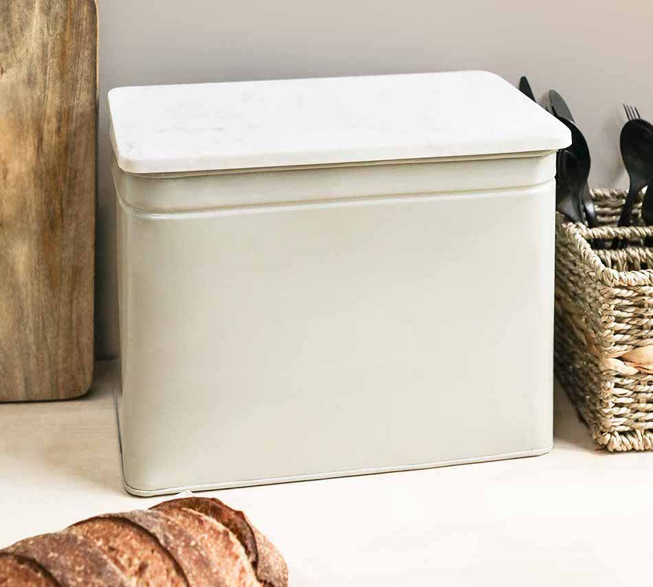 cream meta bread bin with marble lid