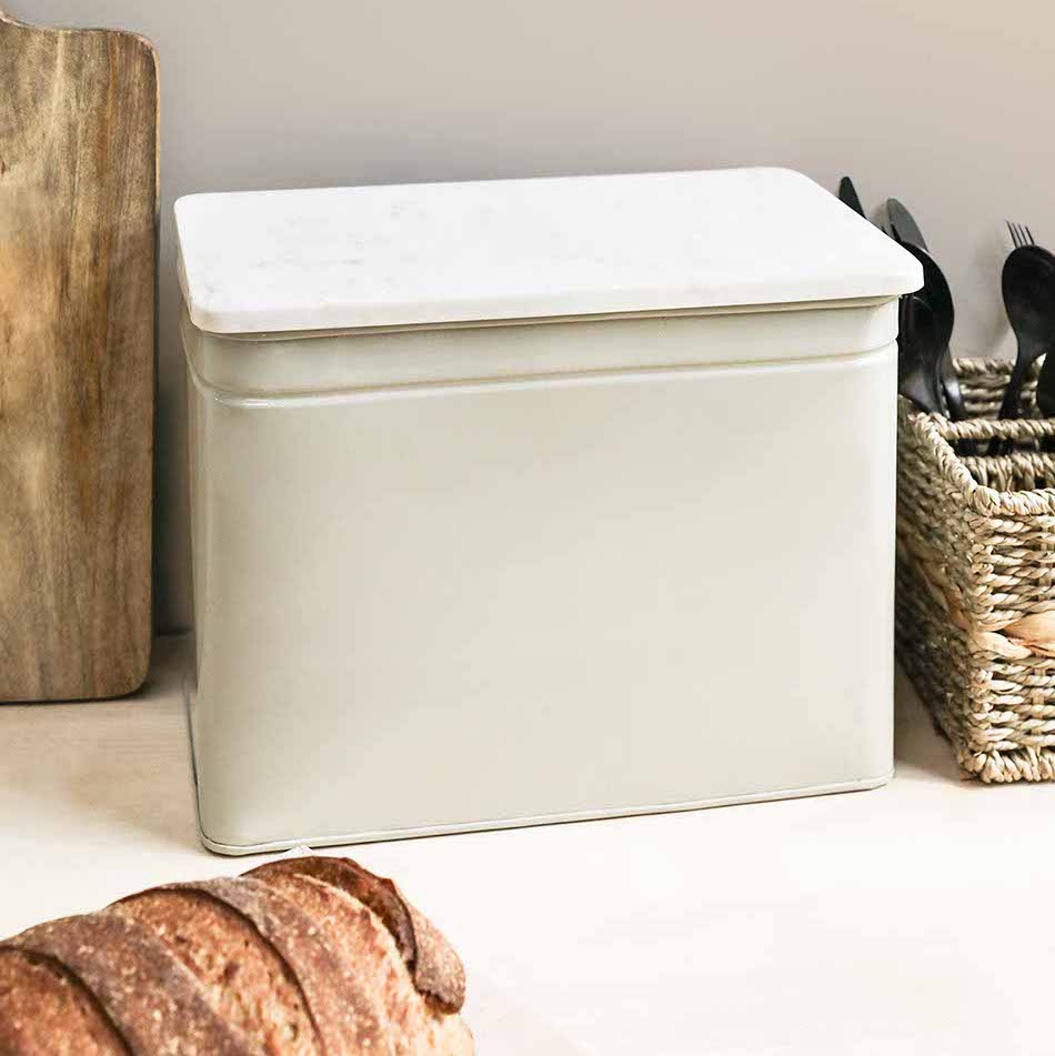 cream meta bread bin with marble lid