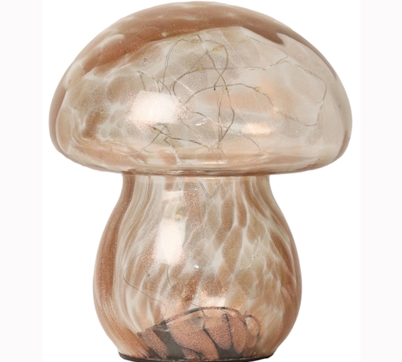 A mushroom-shaped LED lamp with brown and white glass.