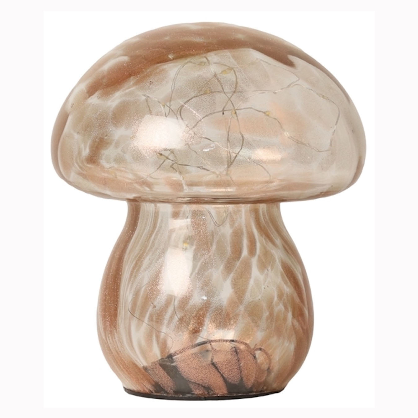 A mushroom-shaped LED lamp with brown and white glass.