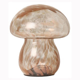 A mushroom-shaped LED lamp with brown and white glass.