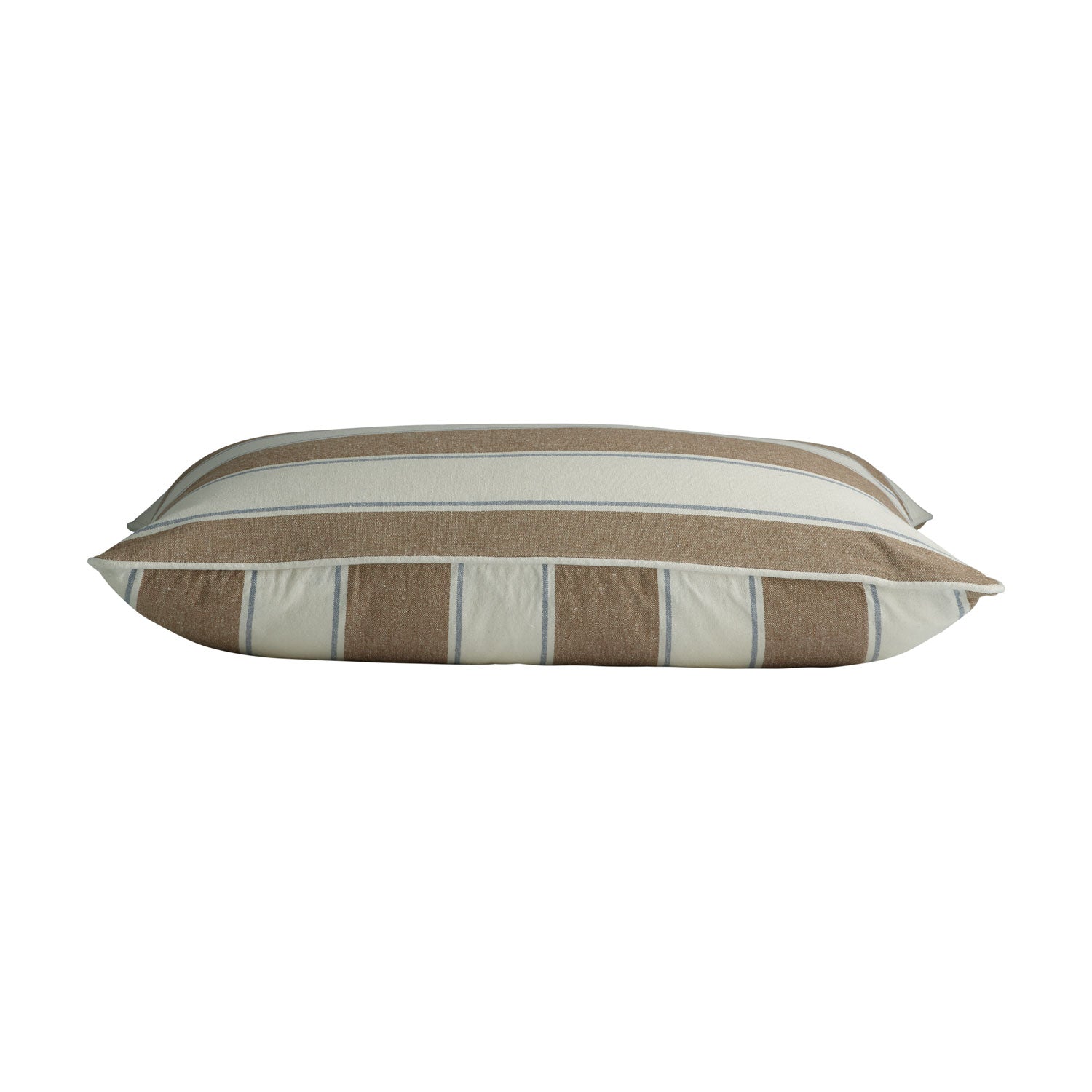 Close-up of a brown stripe cushion with measurement label on a white background