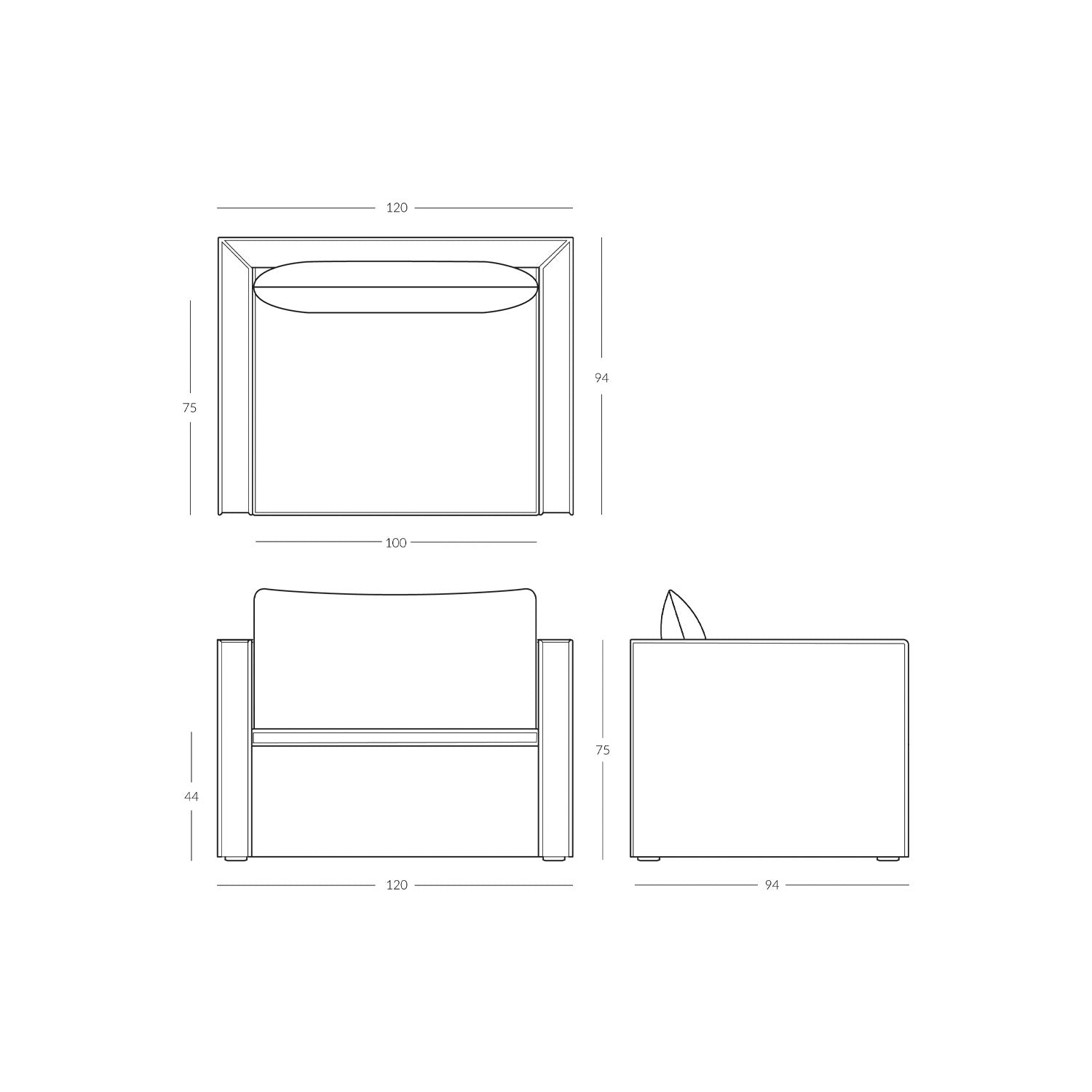 Line drawing of chair dimensions.