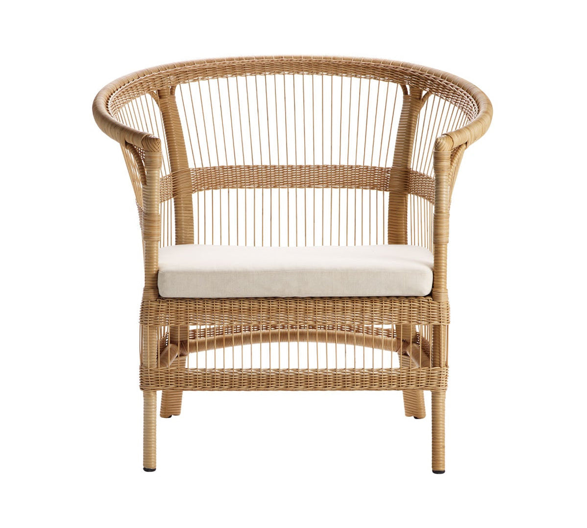rattan chair with a white cushion on a white background