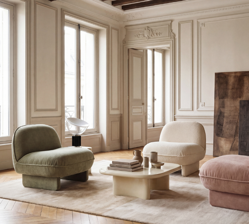 Three modern armchairs in sage green, cream, and dusty pink arranged around a low cream coffee table on a light rug in a classic Parisian-style room with wood paneling and herringbone parquet flooring.