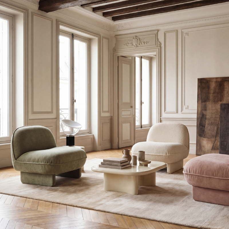 Three modern armchairs in sage green, cream, and dusty pink arranged around a low cream coffee table on a light rug in a classic Parisian-style room with wood paneling and herringbone parquet flooring.