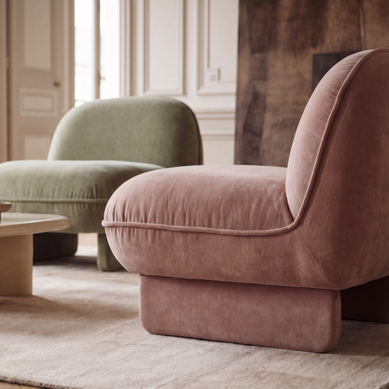 A close-up of a plush, dusty rose velvet armchair in a beautifully styled living room with a beige coffee table, a light rug, and a second muted green armchair in the background.