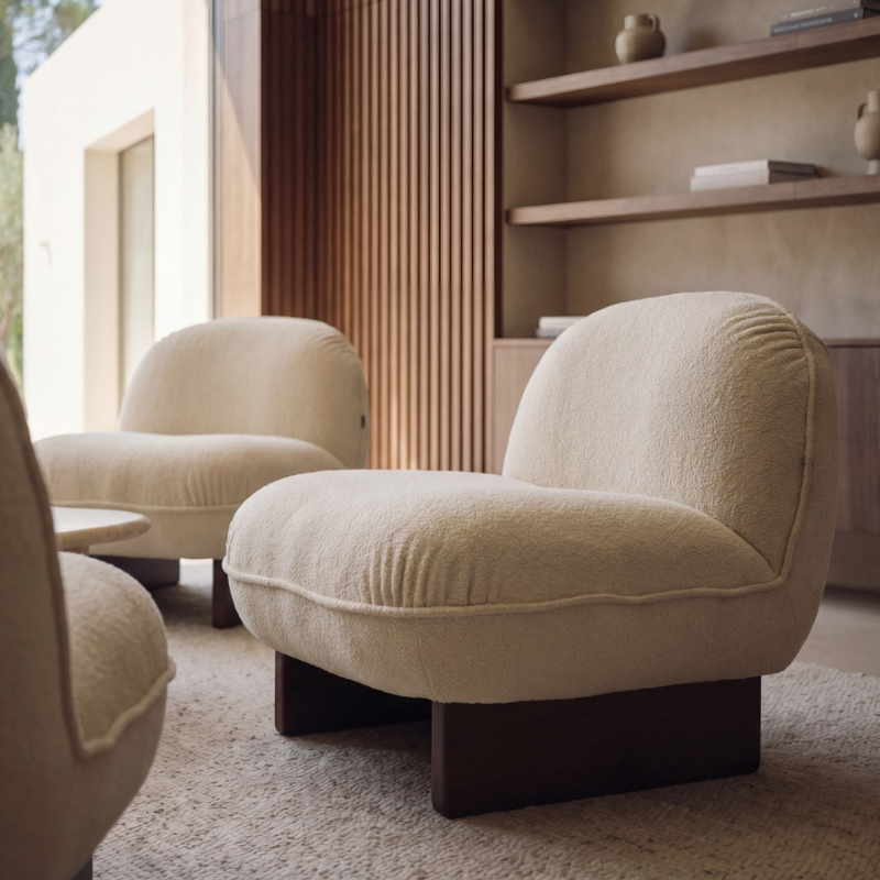 A modern curved upholstered armchair in a warm cream bouclé fabric with dark wooden legs, shown in a stylishly decorated living room with other matching chairs and a wooden slatted wall.