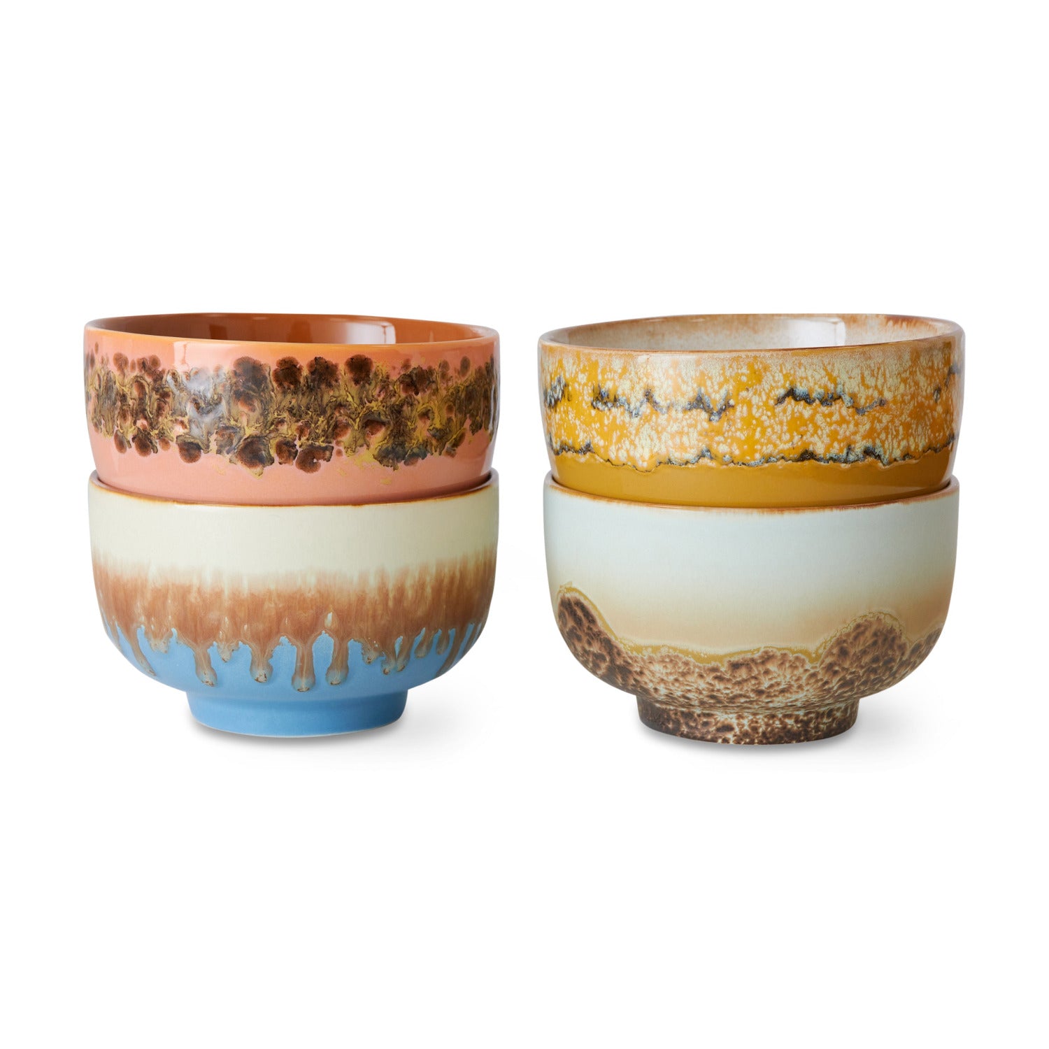Four ceramic bowls with multicolored glaze on a white background
