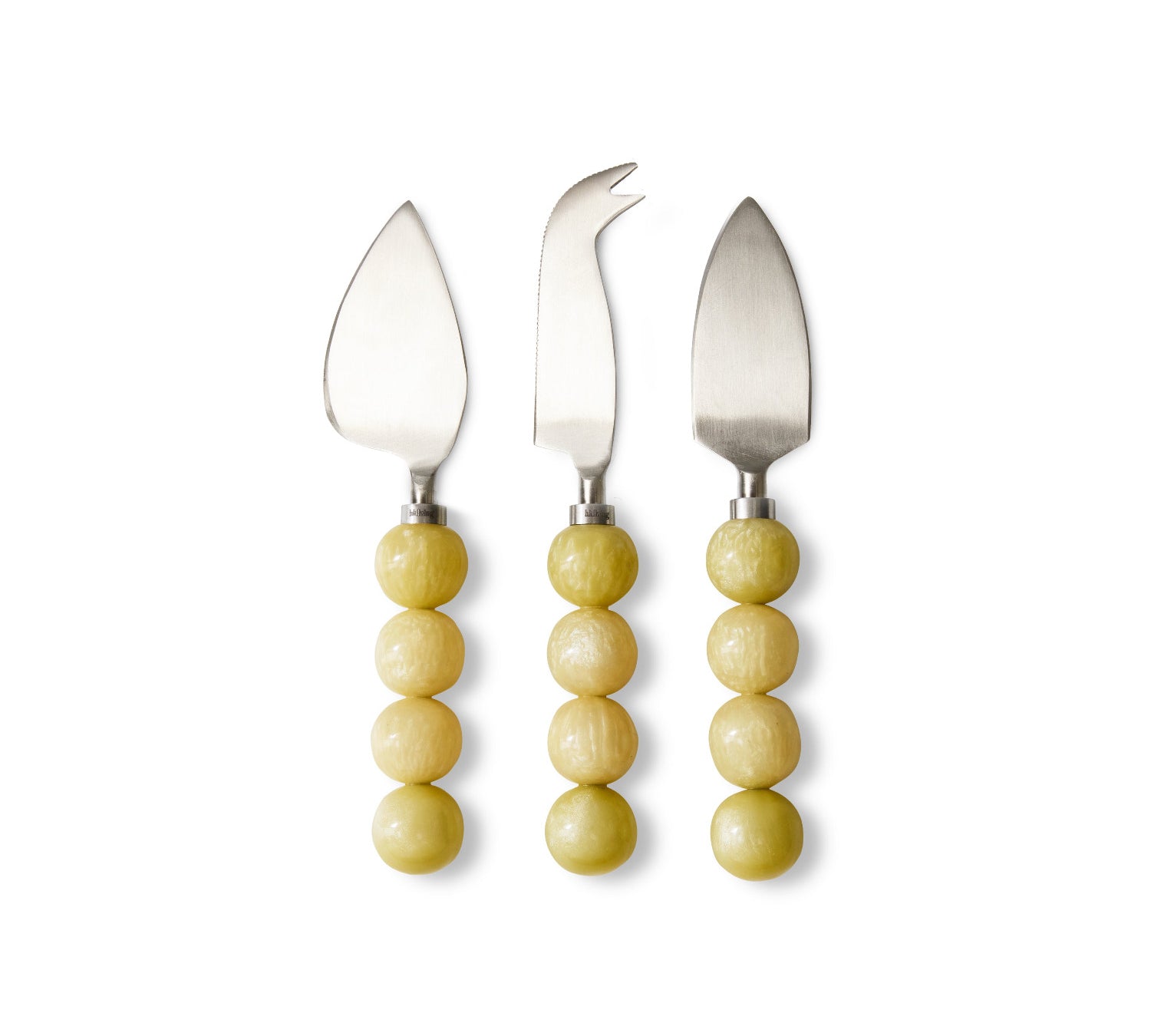 Three cheese knives with yellow bead handles on a white background