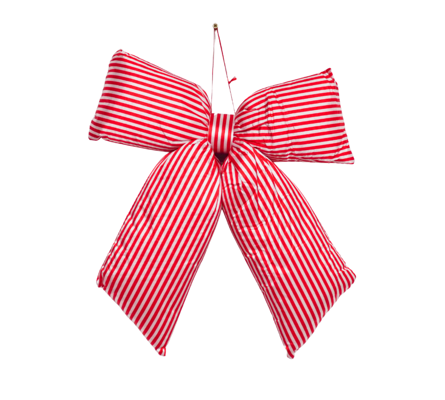Red and white striped bow on a white background