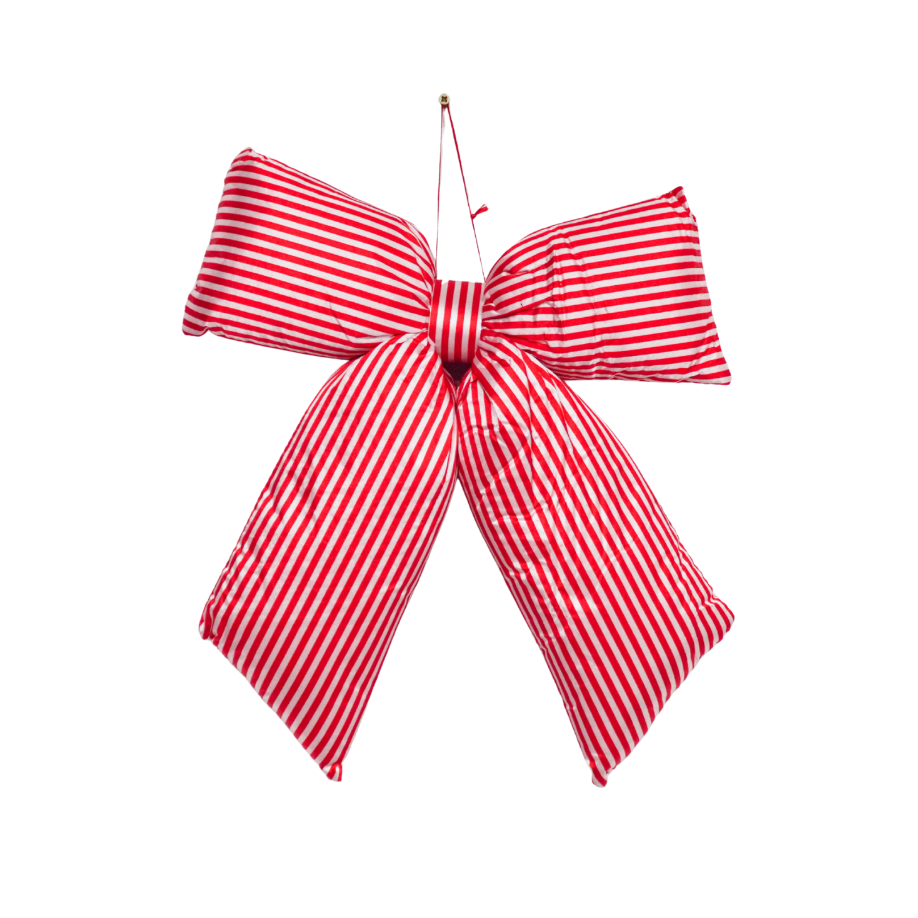 Red and white striped bow on a white background