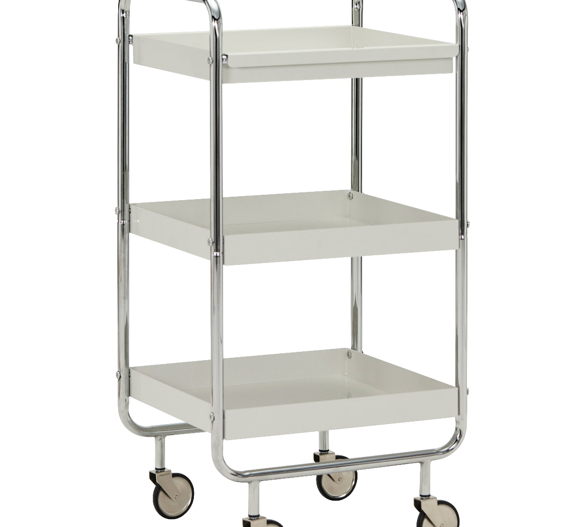 Three-tier metal serving cart with wheels on a white background