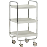 Three-tier metal serving cart with wheels on a white background