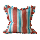 Coral stripe stonewashed linen cushion with fringe ruffle edge on white background, showing coral, aqua and white vertical stripe pattern