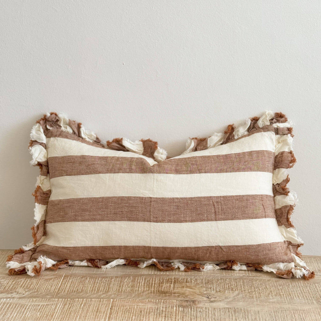 Ruffled Linen Cushion Cover in Rust stripe 