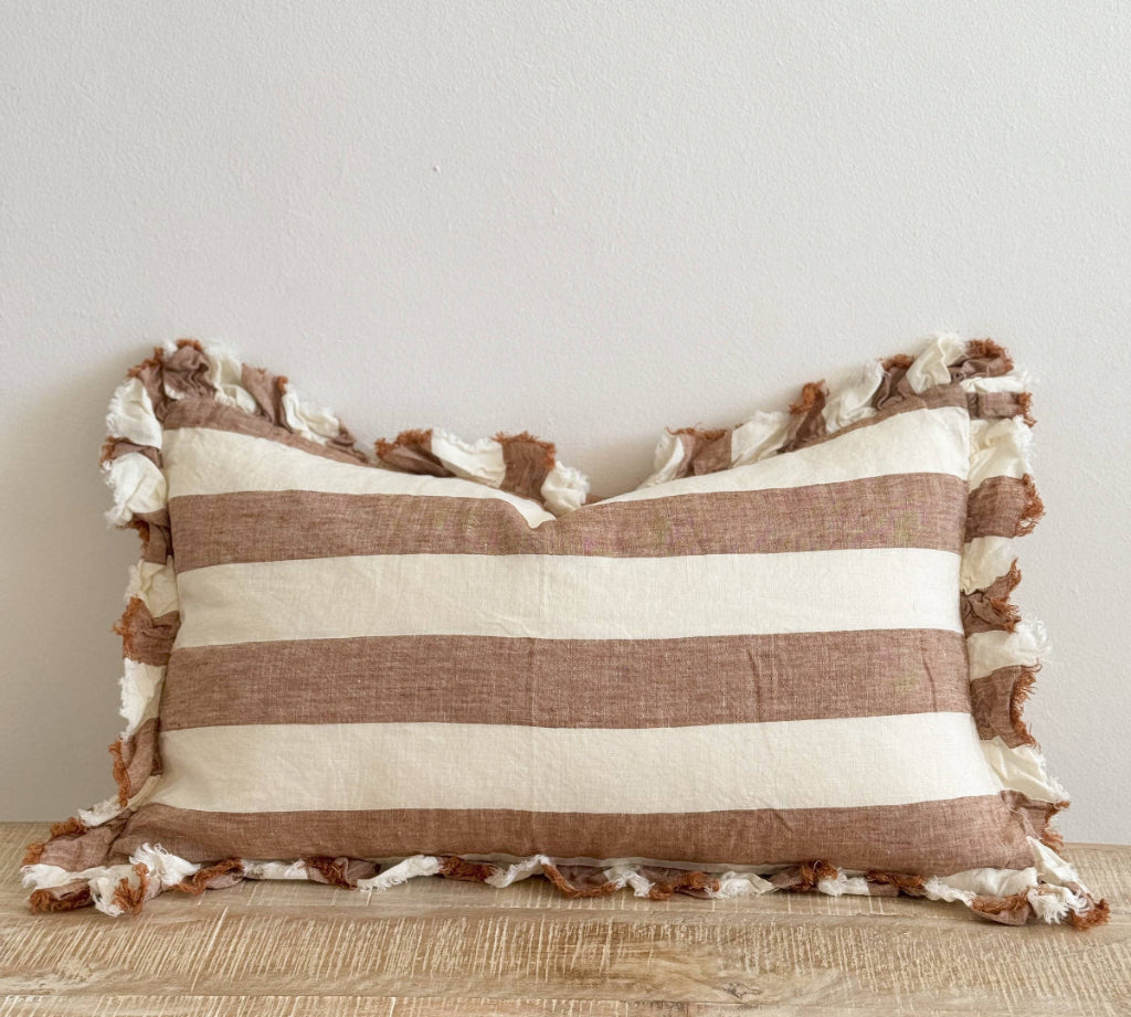 Ruffled Linen Cushion Cover in Rust stripe 