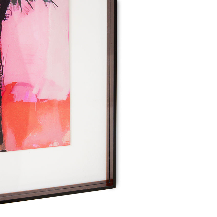 Framed abstract art with pink and orange colors on a white background