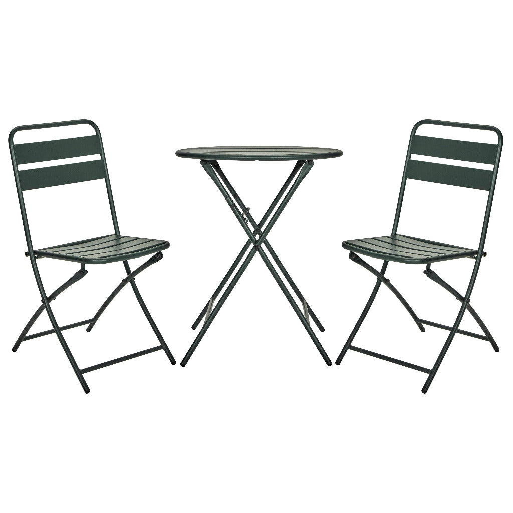 Set of two folding chairs and a small round table on a white background