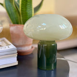 Green mushroom-shaped lamp on a table with books and a plant in the background