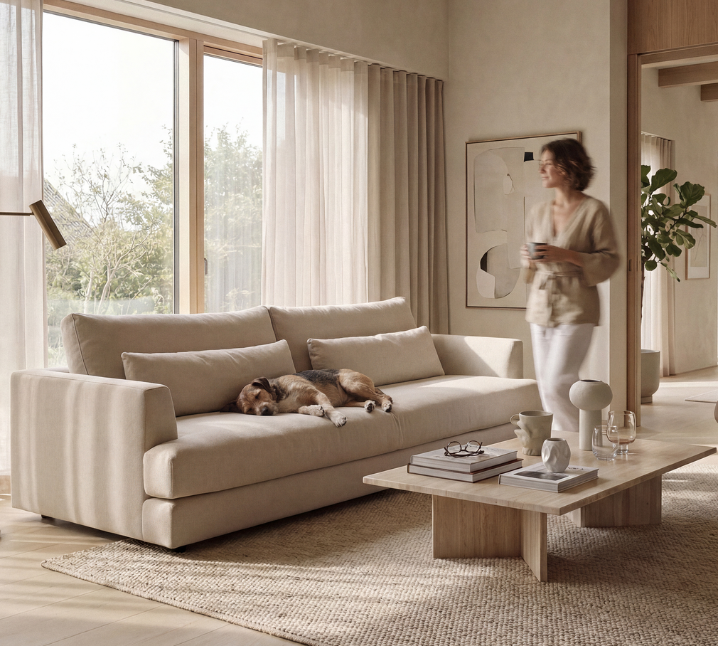 A beige upholstered sofa in a bright, modern living room with a dog resting on it, a woman standing nearby holding a mug, and a wooden coffee table in front.