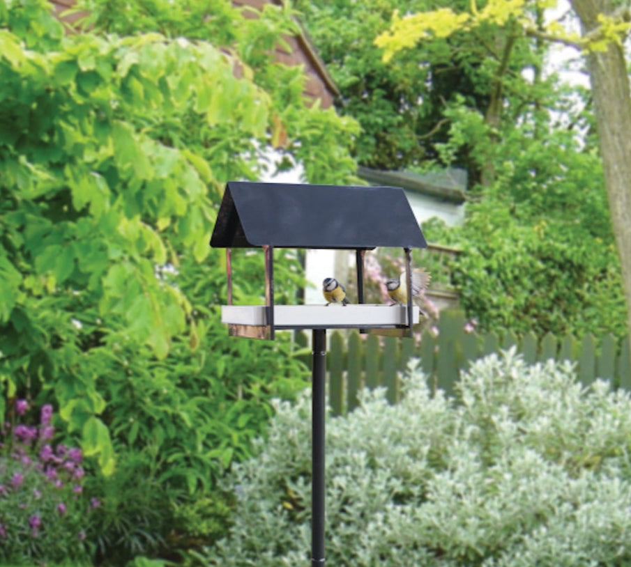 Bird feeder on a stand in a garden setting with greenery and flowers.