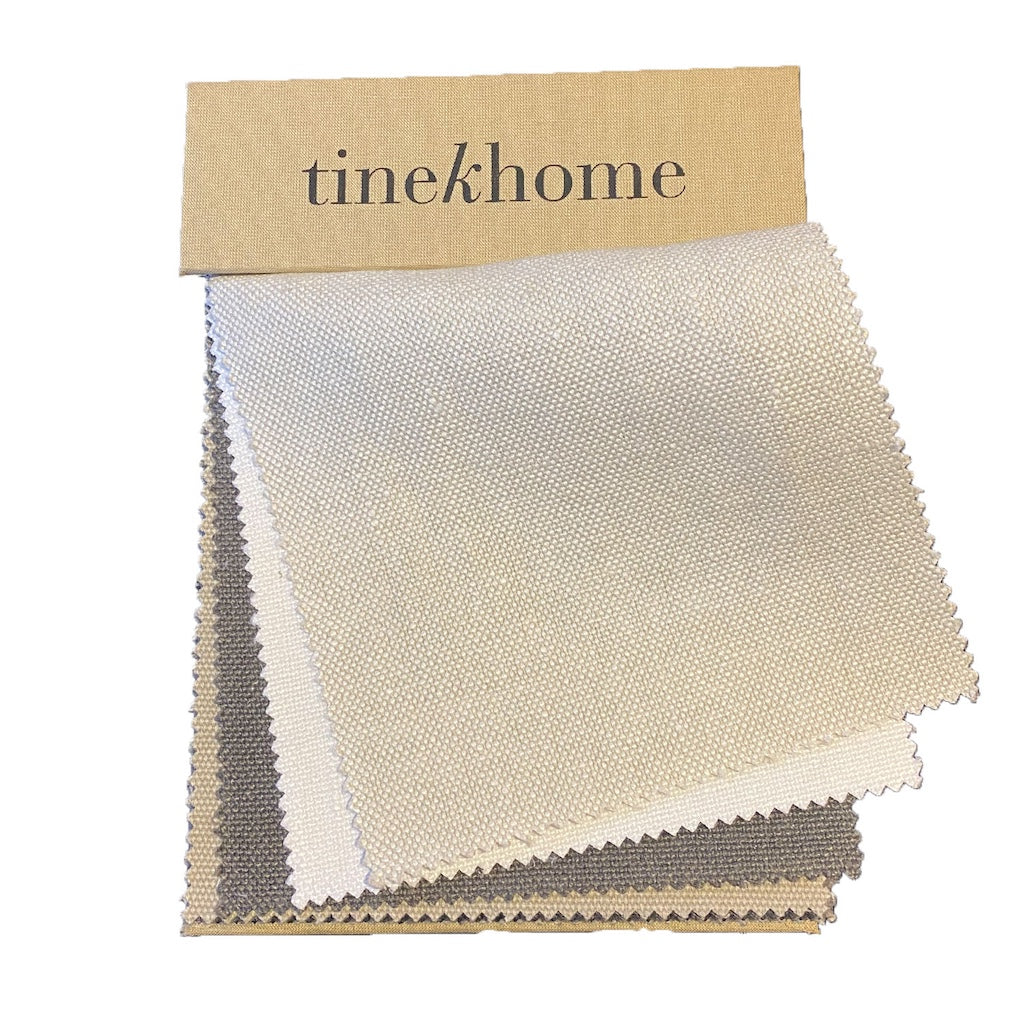 Fabric swatches with 'tinekhome' branding on a white background