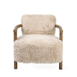 A modern accent chair featuring a thick, fluffy cream-colored sheepskin or faux fur upholstery with a natural wood frame and curved armrests, shown against a solid white background.
