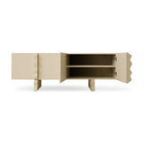 Beige sideboard with open doors on a white background