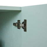 Cabinet hinge on a light blue cabinet door