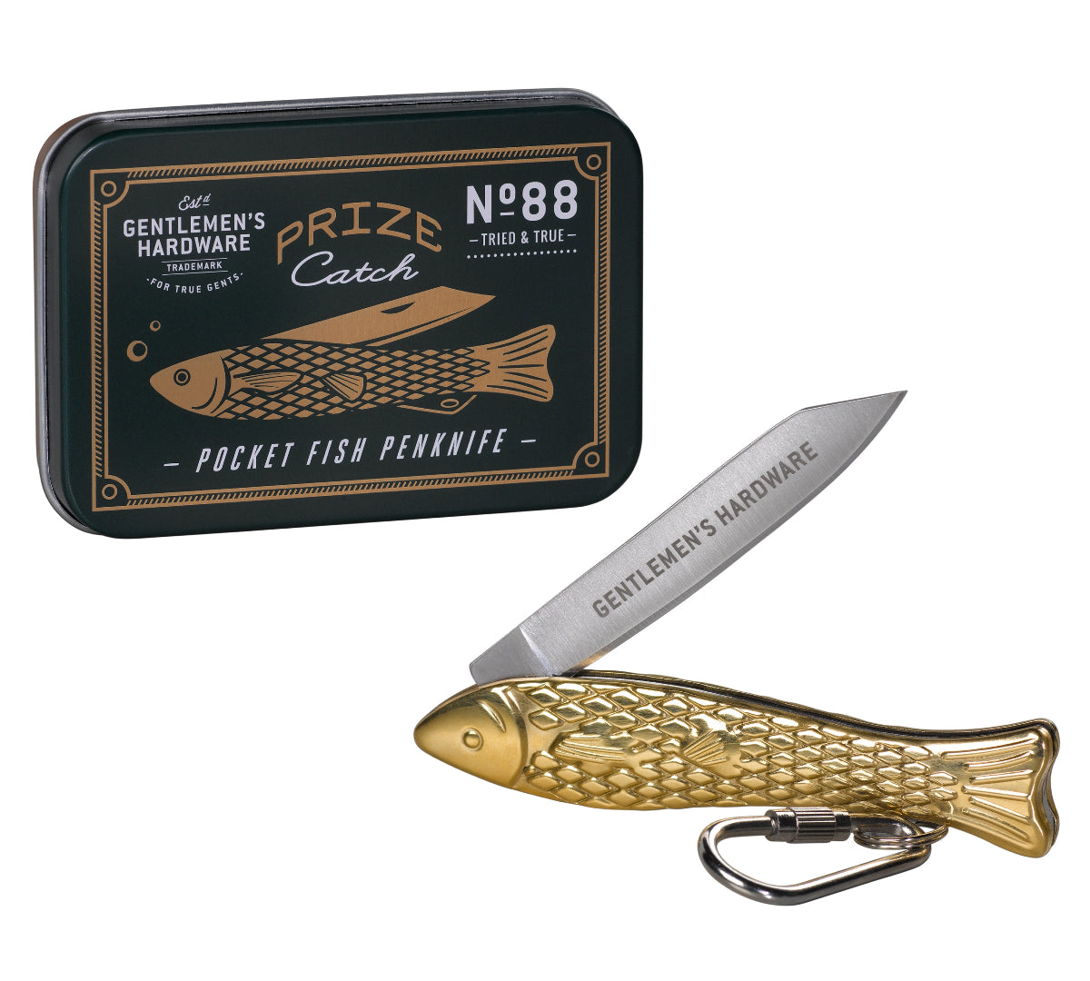 Gold fish-shaped penknife with black tin labeled 'Gentlemen's Hardware' on a white background