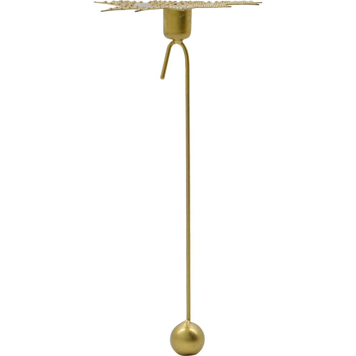 Gold candle holder with decorative top on a white background