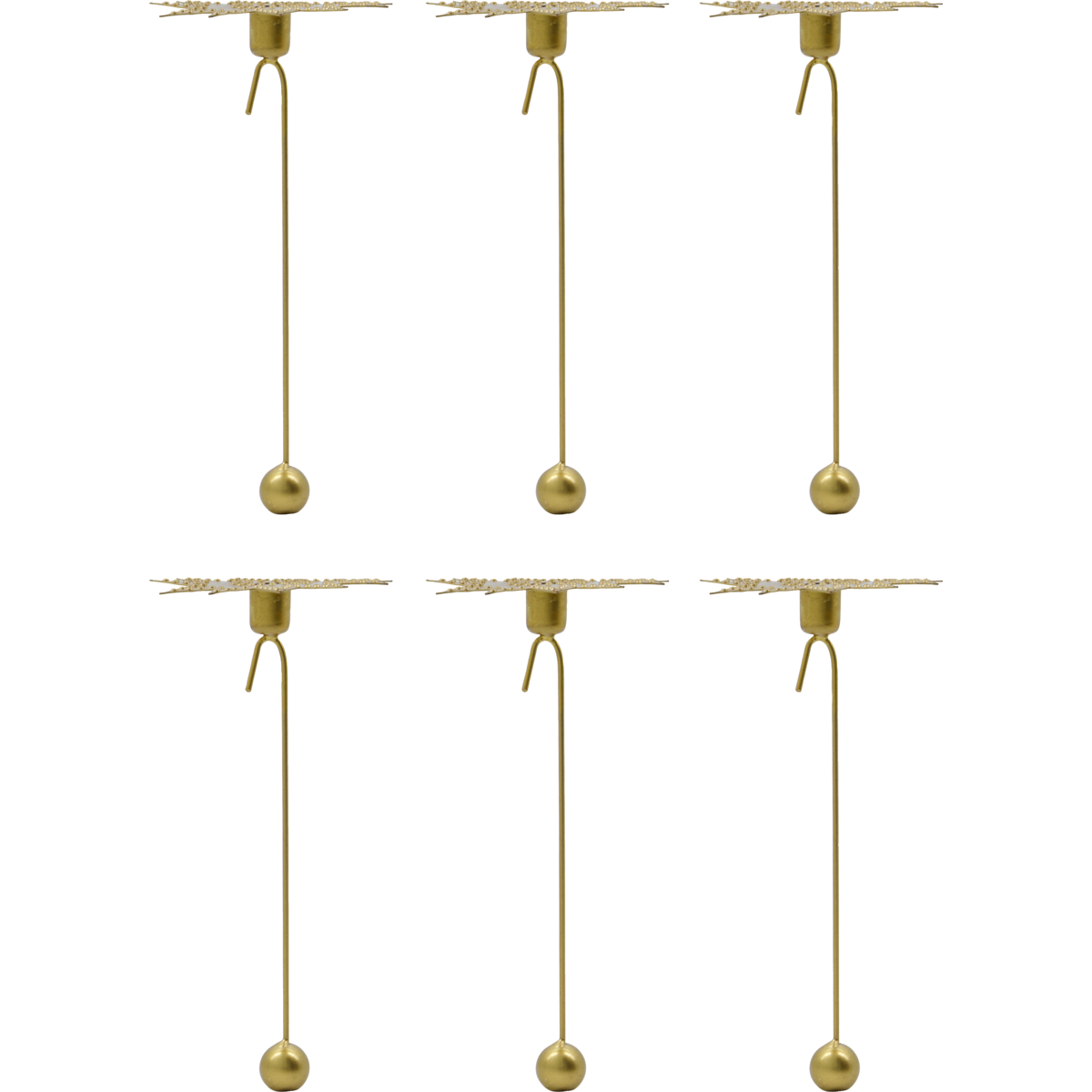 Set of gold candle holders with small spherical ends on a white background