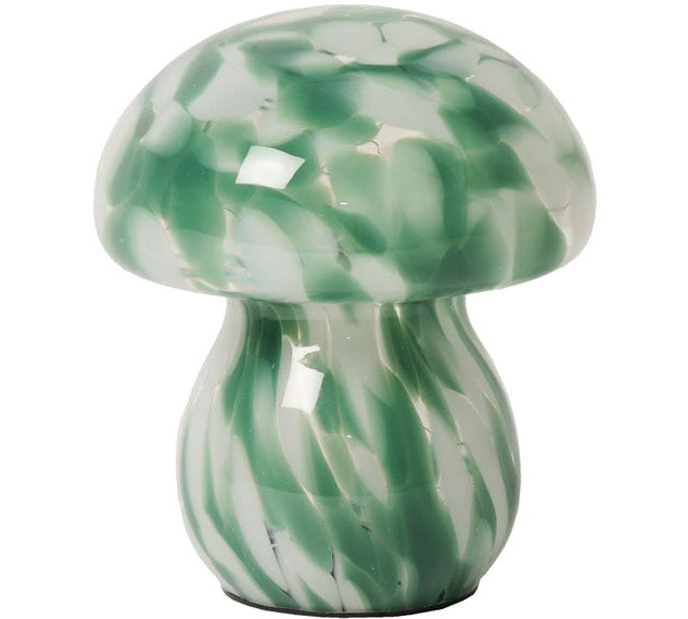 Green and white marbled mushroom-shaped lamp on a white background