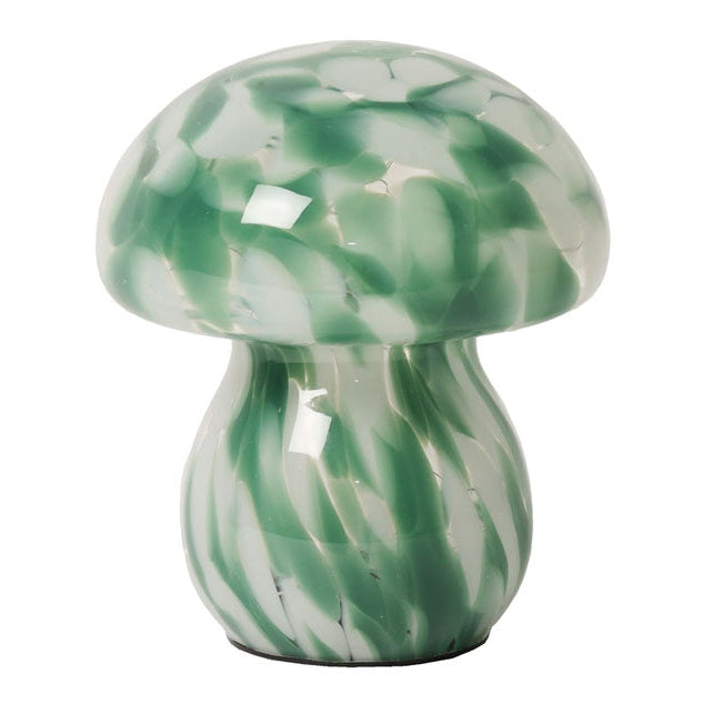 Green and white marbled mushroom-shaped lamp on a white background